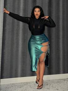Slaydiva Plus Size Mesh Insert Long Sleeve Bodycon Bodysuit - Black - View 5