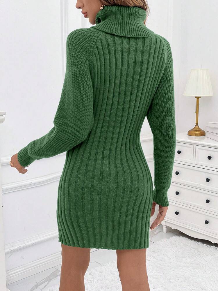 Women's Casual High Neck Sweater Ribbed Knit Dress