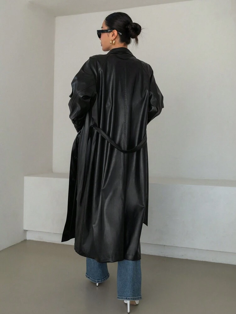 Women'S Long Coat With Pu Leather Belt