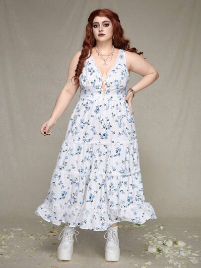 Plus Size Sleeveless Floral Dress With Lace Detail And Tie Front
