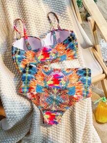 SHEIN Swim 女性性感印花比基尼泳衣,配有硬杯和鋼托,適合音樂節 - 彩色 - 查看 5
