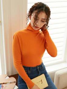 Knit Mix Áo len cổ cao tay dài màu trơn thanh lịch dành cho nữ, thích hợp cho mùa thu/đông, kiểu dáng ôm sát, lý tưởng cho ngày Valentine, phong cách cổ điển sang trọng tinh tế, đa năng, thời trang thu đông cho mùa tựu trường, áo len Giáng sinh mùa thu, món đồ thiết yếu cho năm mới. - trái cam - Xem 3