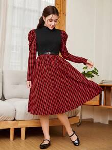 SHEIN 青少女毛線拼接大腳骨圖案立領泡泡袖休閒裙,無腰帶 - 酒紅色 - 查看 1