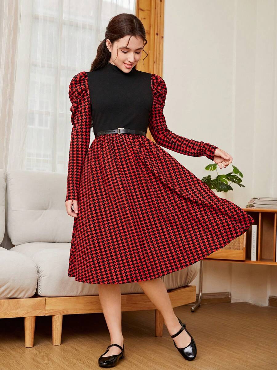 SHEIN 青少女毛線拼接大腳骨圖案立領泡泡袖休閒裙,無腰帶 - 酒紅色 - 查看 1