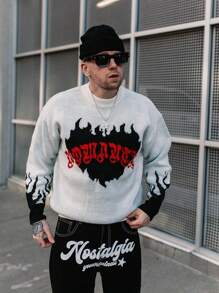 ROMWE MEN Street Life Men Letter Fire Graphic Sweater - White - View 1