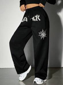 SHEIN EZwear 抽繩腰部蜘蛛網&字母印花慢跑褲 - 黑色 - 查看 4