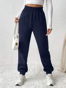 SHEIN PETITE 女式純色彈性腰束口運動褲 - 藏蓝色 - 查看 3