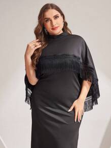 Modelyn Plus Size Solid Color Slim Fit Tank Dress And Tassel Decorated Cape Top 2pcs/Set - Black - View 6
