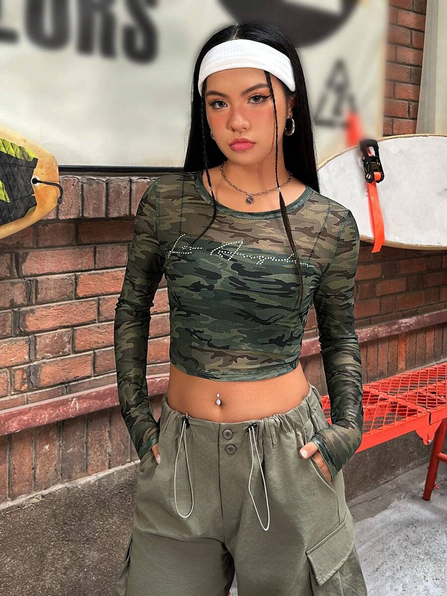 SHEIN EZwear Camouflage Knitted Ladies Top With Rhinestone Decor - Multicolor - View 1