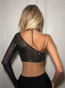 SHEIN ICON Của phụ nữ Cổ không đối xứng Xu hướng: Cắt giảm Lưới Top Cây trồng - màu đen - Xem 2