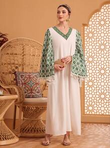 Al Najma 女士v領花邊修飾顏色積木休閒裙,飄逸袖子 - 白色 - 查看 3