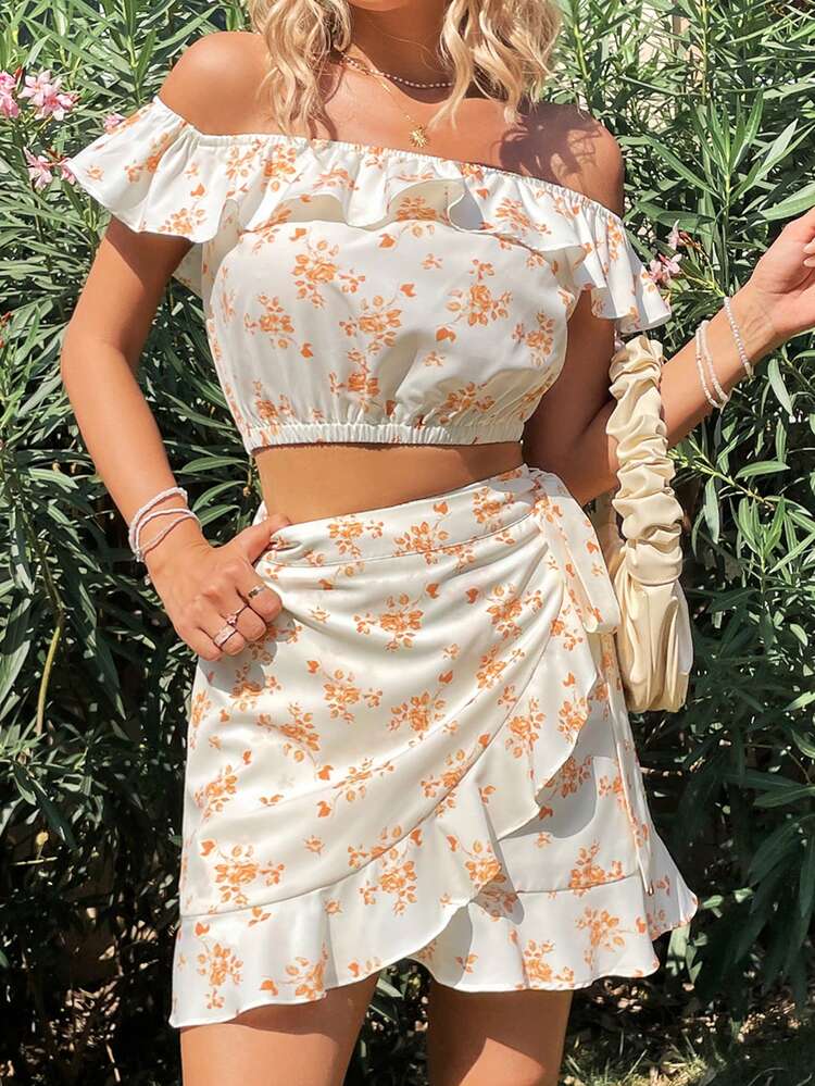 Women'S Floral Print Off-Shoulder Two-Piece Set