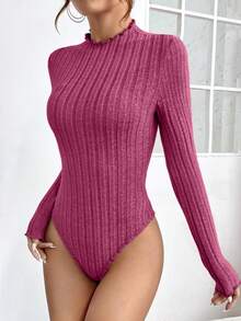 SHEIN PETITE 純色肋針針織休閒t恤連體衣 - 玫紅色 - 查看 4