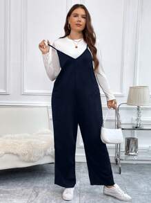 SHEIN LUNE 女士大碼純色肩帶連身褲 - 藏蓝色 - 查看 5