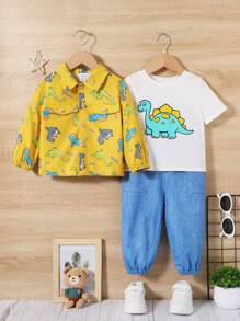 SHEIN 男嬰休閒可愛恐龍圖案立領夾克短袖 T 恤和牛仔褲套裝,夏季 - 彩色 - 查看 4