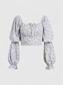 青少年女孩梭織花卉方領平行縐縫長袖襯衫 - 藍色 - 查看 1