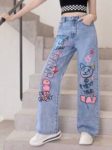 Lässige Und Modische Jeans Mit Geradem Bein Aus Gewaschenem Denim Mit Graffiti-print Für Teenager-mädchen