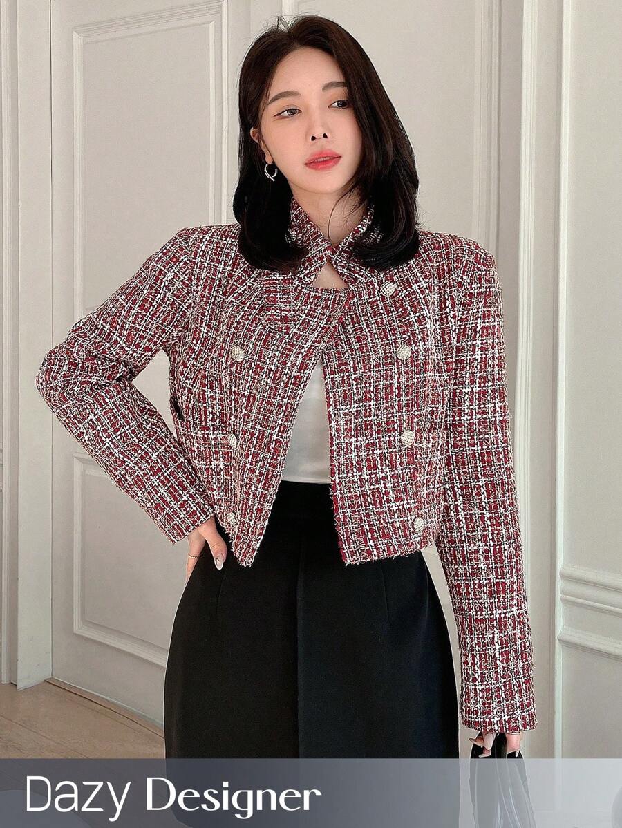 Dazy Designer 女士雙排扣格紋外套 - 紅色 - 查看 1