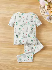 SHEIN 女宝宝针织兔子图案短袖上衣和裤子家居服 - 彩色 - 查看 2