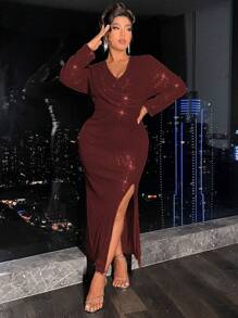 Allurite Plus Size Women'S Side Slit Sequin Dress - Burgundy - View 5