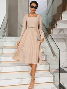 SHEIN Privé Vestido Largo De Manga Larga De Color Sólido Con Dobladillo Plisado - Albaricoque - Ver 3