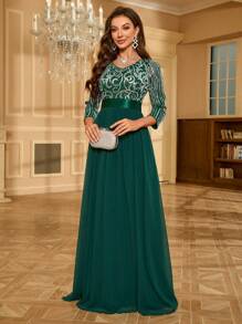UNITHORSE Đầm dự tiệc bằng vải chiffon chắp vá sequin dành cho nữ - Màu xanh lá cây đậm - Xem 6