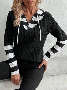 SHEIN LUNE Khối màu Sọc Tay áo dài Áo nỉ - Đen và trắng - Xem 7