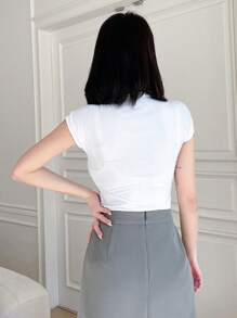 DAZY Màu thuần Đứng cổ áo Áo thun - trắng - Xem 2