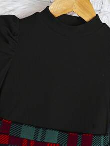 SHEIN 女孩聖誕派對長袖格紋裙連髮箍 - 黑色 - 查看 4