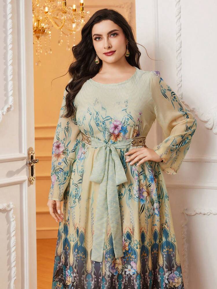 Plus Size Floral Print Belted Dress