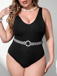 SHEIN Swim Curve Maillot de bain 1 pièce avec ceinture en argent, pour grandes tailles, pour l'été - Noir - Voir 2