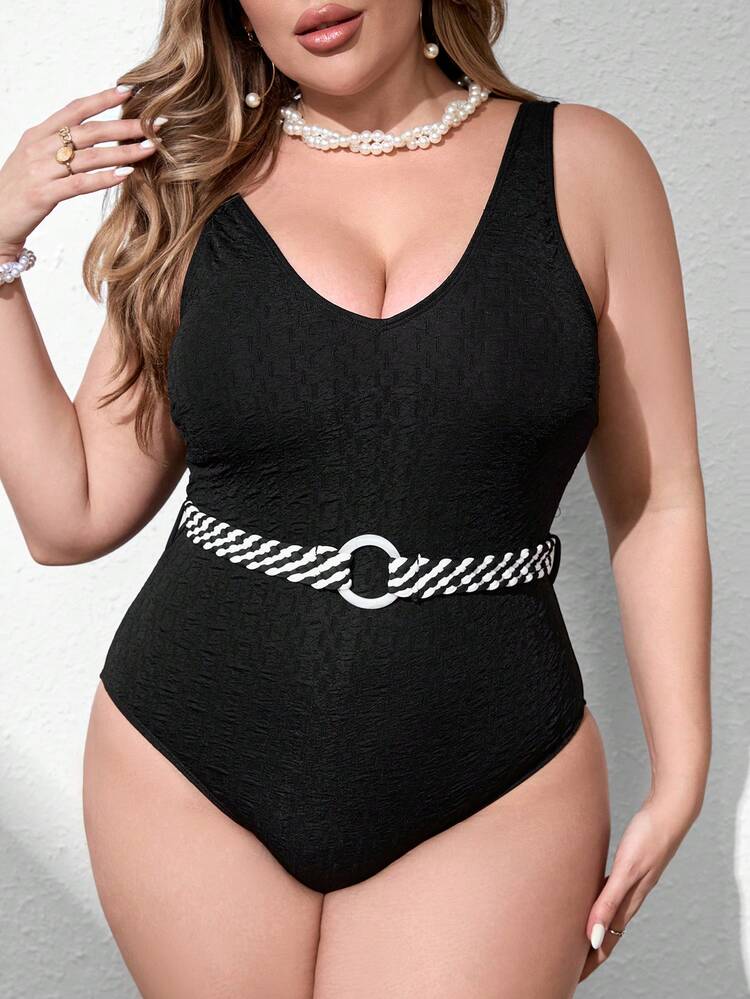 Plus Size Hoop Belt One Piece Swimsuit Summer