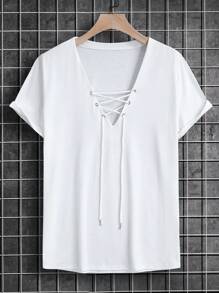 Genlund Men Cross Band V-Neck Plain Short Sleeve T-Shirt, For Going Out, For Friends, Holiday - White - View 3