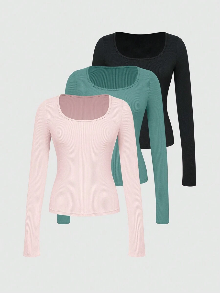 SHEIN Essnce 女士純色緊身長袖t恤,大圓領款式 - 彩色 - 查看 1