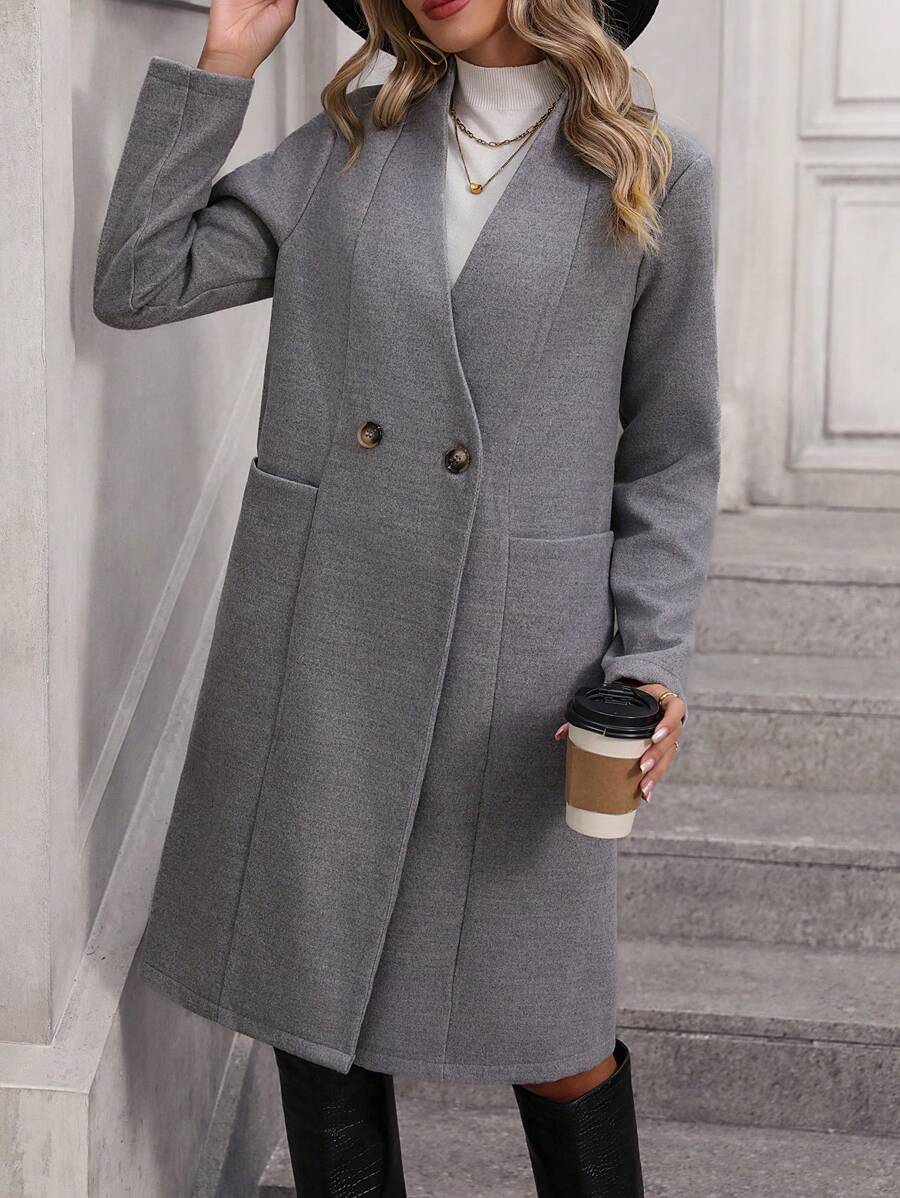 SHEIN LUNE 女式羊毛v領外套 - 淺灰色 - 查看 1