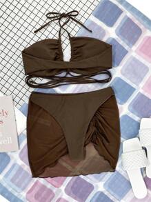 SHEIN X Lily May Mac 單色比基尼套裝前繫帶吊脖無鋼圈文胸上衣和高衩泳衣下裝和半身裙3入組泳衣 - 咖啡棕 - 查看 2