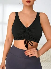 SHEIN Yoga Basic 大尺碼女運動文胸,內建胸圍和可調式褶皺正面 - 黑色 - 查看 1