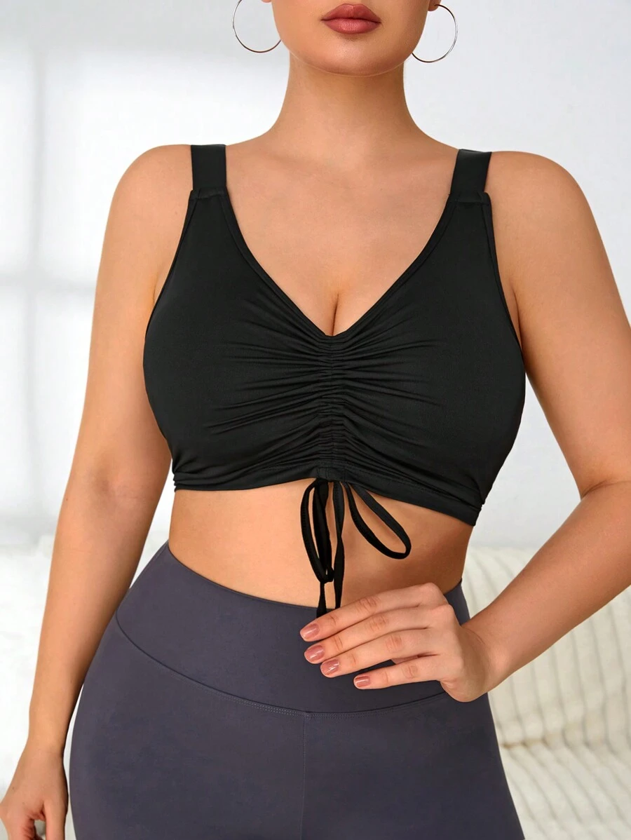 SHEIN Yoga Basic 大尺碼女運動文胸,內建胸圍和可調式褶皺正面 - 黑色 - 查看 1