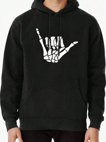 男款骷髏手印絨毛連帽衛衣,帶束口設計 - 黑色 - 查看 1