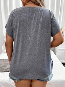 SHEIN LUNE 夏季大码拼色蝙蝠袖 T 恤，带前口袋 - 藍色 - 查看 2