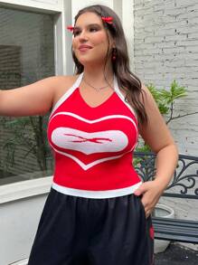 SHEIN EZwear מידות גדולות מחולק לצבעים הדפס לבבות סוודר סריג - אדום ולבן - ראה 6