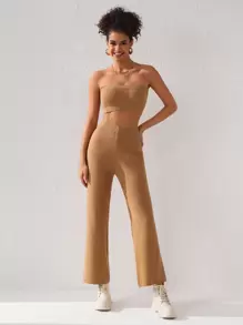 Queen Is The Title Designer Solid Ribbed Knit Tube Top & Wide Leg Pants, Fall Women Co-Ords, For Autumn, Holiday, Winter, Vacation - Camel - View 3