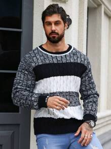 Manfinity EMRG 男士對比色扭繩針織毛衣 - 黑與白 - 查看 1