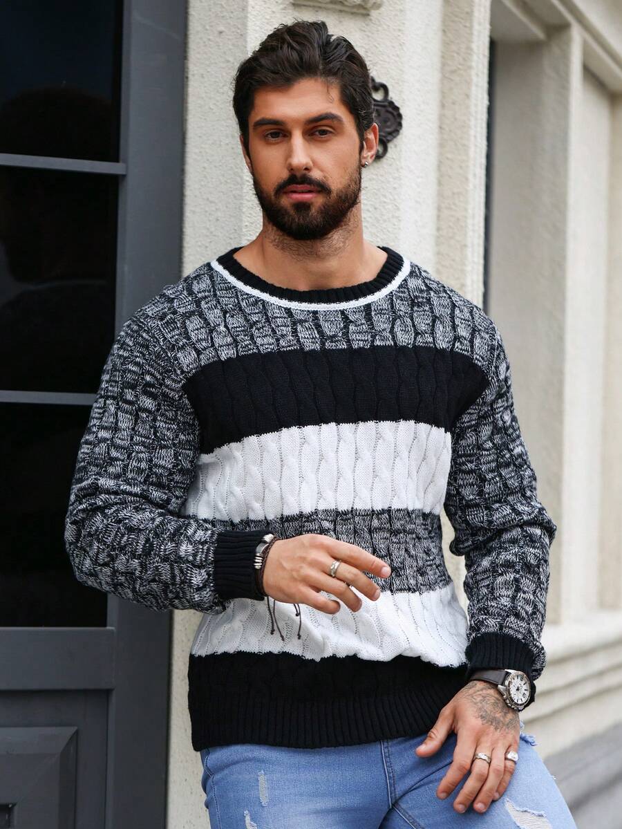 Manfinity EMRG 男士對比色扭繩針織毛衣 - 黑與白 - 查看 1