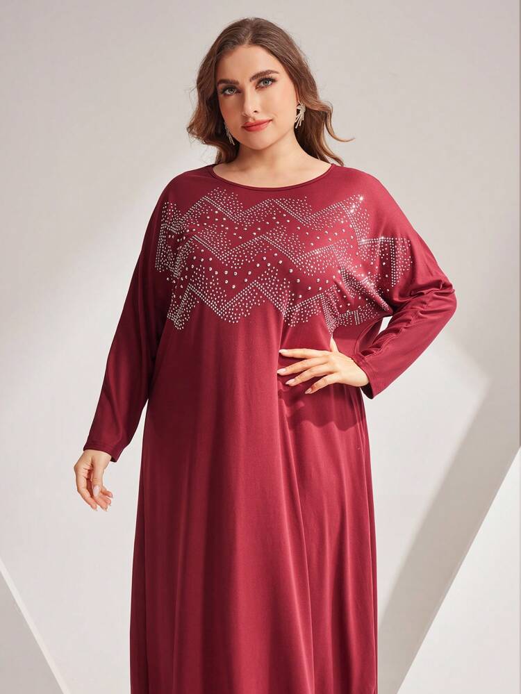 Burgundy Red Plus Size Embellished Detail Loose Long Dress