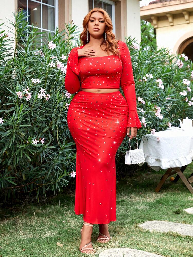 Plus Size Women'S Rhinestone Decor Bell Sleeve Top And Skirt Set Summer Two Pieces Outfits Adult Sexy Red Dress