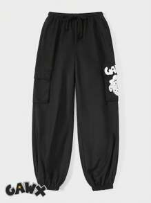 GAWX 卡通圖案側翻蓋口袋腰部抽繩工裝褲 - 黑色 - 查看 1