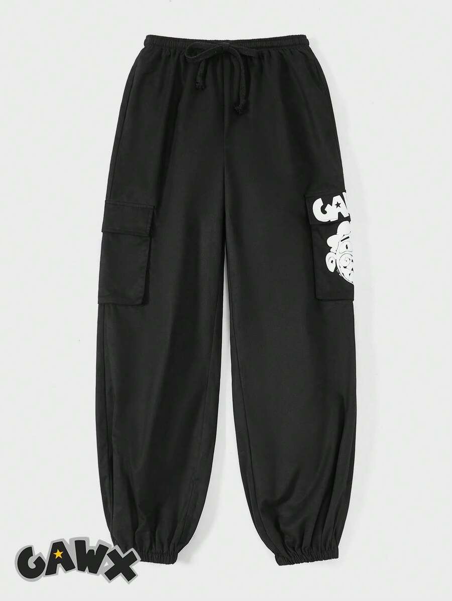 GAWX 卡通圖案側翻蓋口袋腰部抽繩工裝褲 - 黑色 - 查看 1