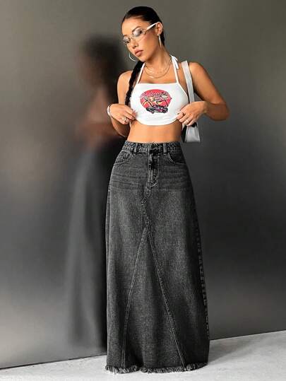 SHEIN ICON 女式磨邊高腰牛仔裙