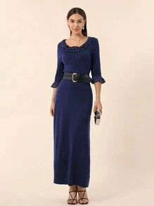 SHEIN Privé Ladies' Polka Dot Printed Sweater Dress With Large Round Collar And Lace Decoration - Royal Blue - View 6